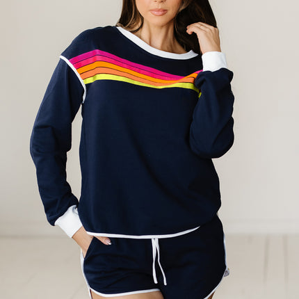 Bluing Colorful Striped Accent Varsity Long Sleeve Pullover and Shorts Matching Set