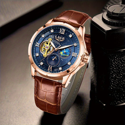 Men'S Luxury Mechanical Watch | Business Style, Mixed Color, Rhinestone Inlay, Transparent Bottom Cover,