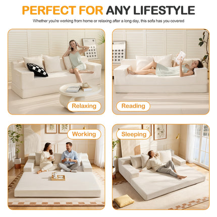 Sofa Bed with 3 Pillows - 78'' Modern Corduroy Folding Bed & Floor Couch, Foam-Padded Sectional Sleeper
