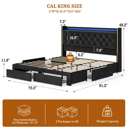 49.2" Tall Bed Frames with 4 Drawers, Velvet Platform Bed with Wingback Storage Headboard,