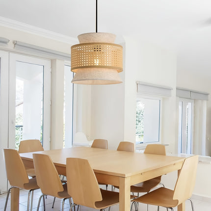 Vintage Rattan Woven Chandelier with Rattan And Fabric Lampshade,