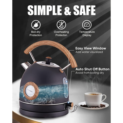 Electric Kettle, Vintage Design, Equipped with a Thermometer, 1.7 Liters Capacity