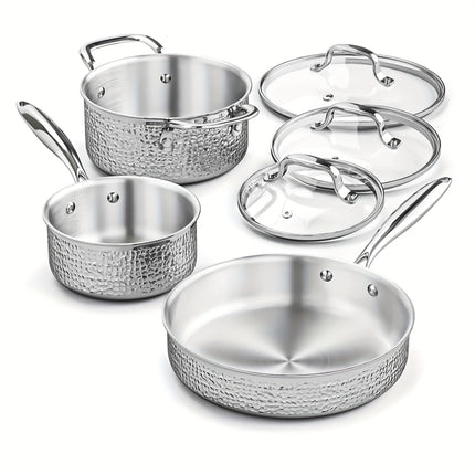 6pcs Hammered Cookware Set, Stainless Steel Pots And Pans Set With Tempered Glass Lids,