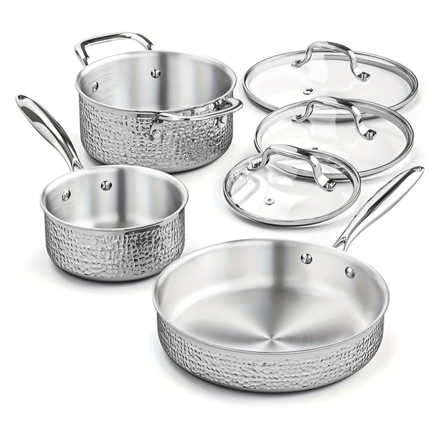 6pcs Hammered Cookware Set, Stainless Steel Pots And Pans Set With Tempered Glass Lids,