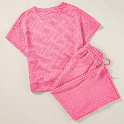 Strawberry Pink Textured Loose Fit T Shirt and Drawstring Pants Set
