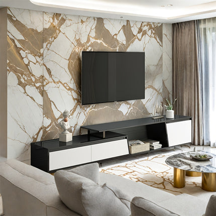 Minimalist floating design TV stand, rectangular expandable TV console, TV cabinet with 2 drawers