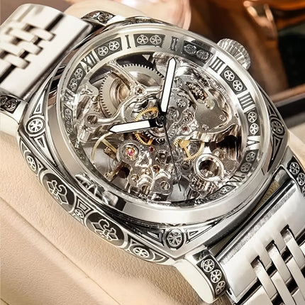 1pc Teen Men'S Yellow Black PU Belt Retro Style Noble Carved Hollow Tourbillon Mechanical Watch,
