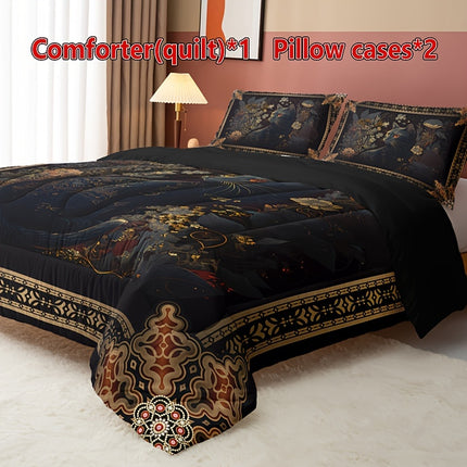 3pcs Fashionable High-End Quilt Set with Flowers and Animals (1 Quilt + 2 Pillowcases without Pillows)