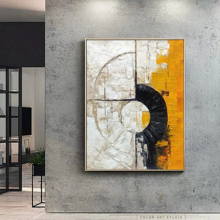 Large Texture Handmade Painting Orange Abstract Art Modern Circle Wall Art Black Textured Art Original Minimalist Oil Painting