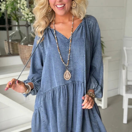 Myosotis Puff Sleeve V Neck Ruffled Loose Denim Mini Dress