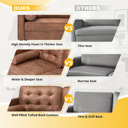 Leather Loveseat Sofa with 2 Bolster Pillows, Modern Two Seat Sofa with Tufted Backrests