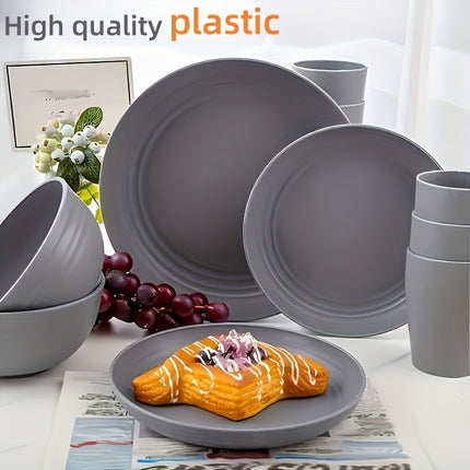 8/16pcs Grey Unbreakable High quality plastic Dinnerware Sets - Reusable, Lightweight, Microwave