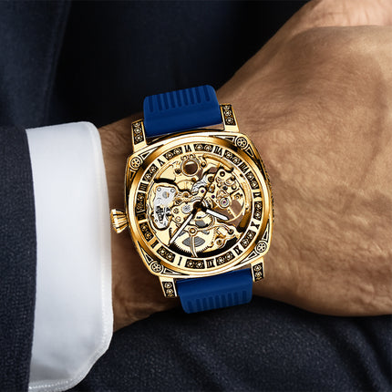 1pc Men's Yellow and Blue Tape Elegant Carved Roman Rotating Mechanical Watch