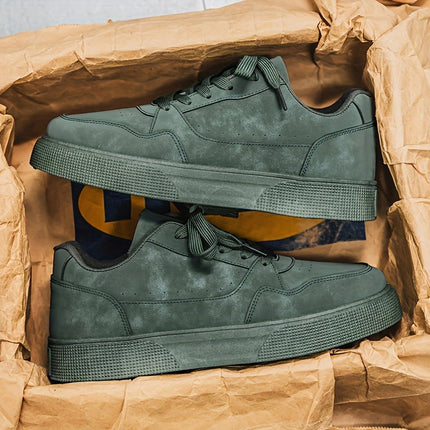 Men's Low-Top Olive Green PU -like Sneakers - All-Terrain Lace-Up Shoes with PVC Sole,