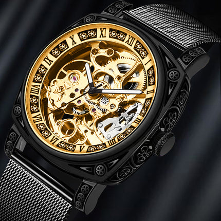 1pc Men's yellow black mesh belt college style niche fully automatic hollow tourbillon