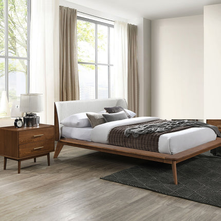 Gorgeous Walnut 3pc Bedroom Set Full Size Bed 2x Nightstands Beige Upholstered Fabric Winged Edge Panel HB Mid-Century Modern Style