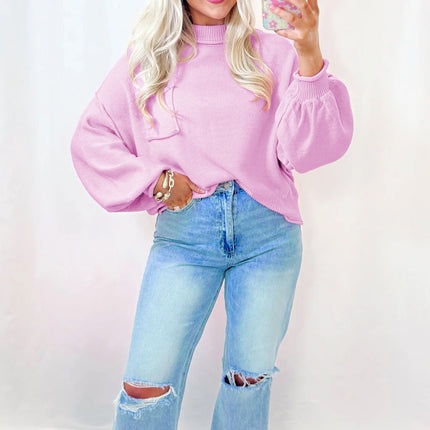 Pink Raw Edge Ribbed Detail Drop Shoulder Sweater