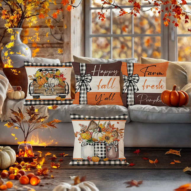 Fall Pumpkin Truck Sunflowers Home Sweet Home Throw Pillow Covers, 18 X 18 Inch Autumn Thankful Grateful Blessed Harvest Floral Decorations For Sofa Couch