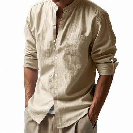 Long Sleeve Stand Collar Shirt With Pockets Casual Men's Clothing