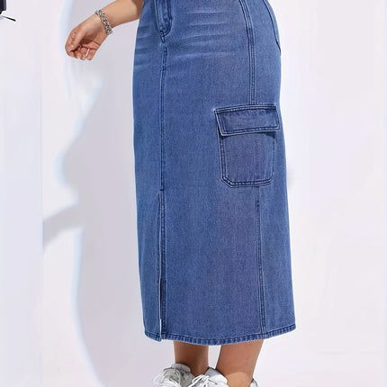 Spring Summer Autumn Slit Skirt with Large Pockets, High-Waisted Casual