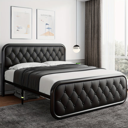 Metal Bed Frame, Platform Bed Frame with Faux Leather Headboard, Heavy-Duty Thicker Metal Steel Slats Support,