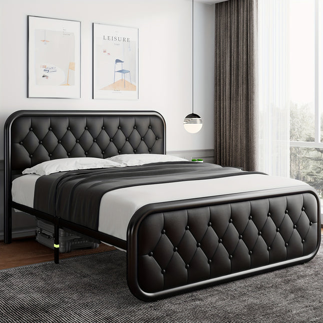 Metal Bed Frame, Platform Bed Frame with Faux Leather Headboard, Heavy-Duty Thicker Metal Steel Slats Support,