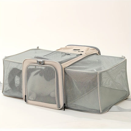 Expandable Large-Capacity Cat Carrier - Portable Linen Pet Travel Bag with Zipper Closure for Two Cats, Ideal for Outdoor Use