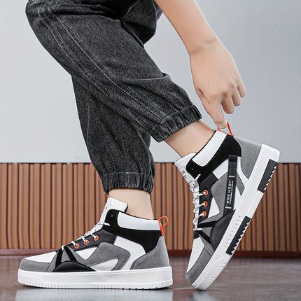 Men's High-Top Running Sneakers - Stylish Black & White Print Design with Orange Accents