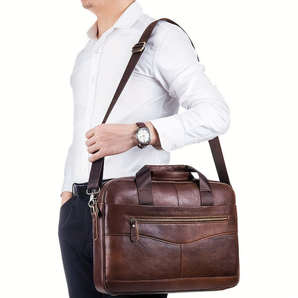 Men's Genuine Leather Full-Grain Cowhide Business Crossover Laptop Briefcase Handbag