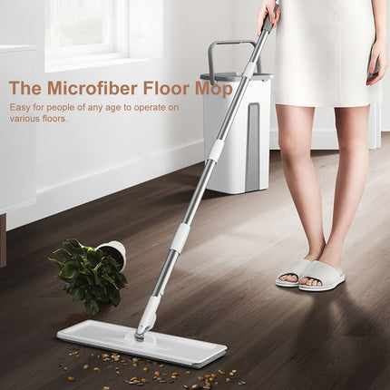 Mop And Bucket with Wringer Set, White Flat Squeeze Mop Bucket Set for Floor Cleaning, Wet Dry Mop for Wall Cleaner with Long Handle, Hardwood Floor Mop with 3 Microfiber Cloths