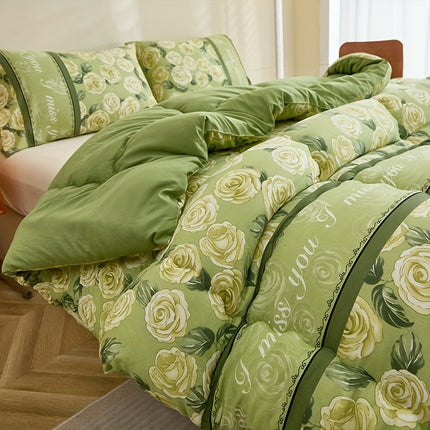 3pcs Fresh Green Rose Floral Comforter Set  Active Print, Multi-directional Quilting, High-Rebound Polyester Filling,