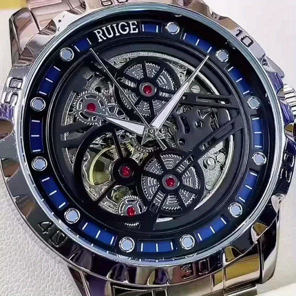 Stylish Men'S Automatic Mechanical Watch with Stainless Steel Strap, Luminous Hands & Hollow Round Dial