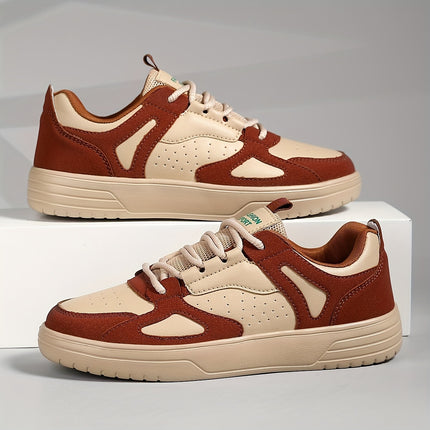Men's Low-Top Sneakers Lightweight Breathable Geometric Color-Block Design (Beige/Green)