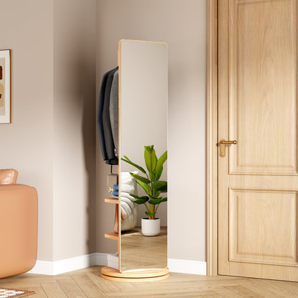 360° Rotating 69'x20' Multifunctional Full Length Mirror with Hook Storage Rack Coat Rack with Mirror Solid Wood Floor Mirror Bedroom Living Room Cloakroom Space Saving (natural wood)