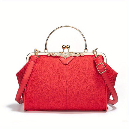Women'S Geometric Striped Faux Leather Crossbody Bag with Removable Strap, Kiss Lock Closure