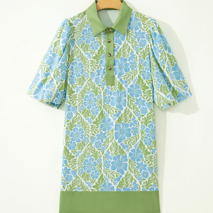 Sky Blue Floral Print Color Block Patchwork Shirt Collar Half Sleeve Mini Dress