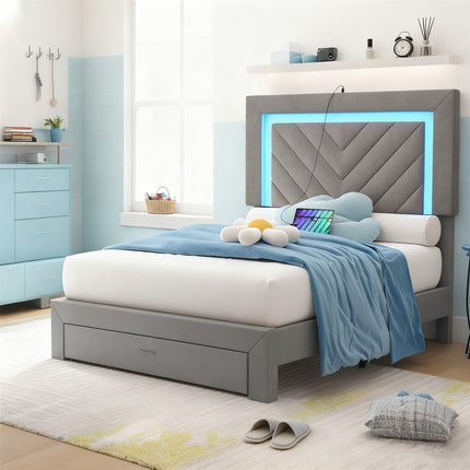 Bed Frame Featuring an Adjustable LED Headboard And Built-In Charging Station