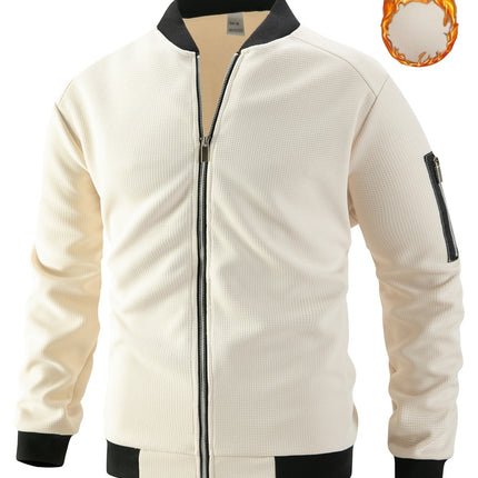 Men's Waffle Solid Color Cardigan Pocket Zipper Thickening Stand Collar Coat