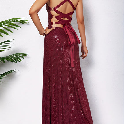 Wine Red Evening Gown with a Slim-Fit Design And a Strap Tie Belt (XT101X)