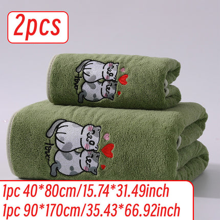 2pcs Cartoon Cat Embroidery Towel Set, Super Absorbent Coral Fleece, Soft & Comfortable