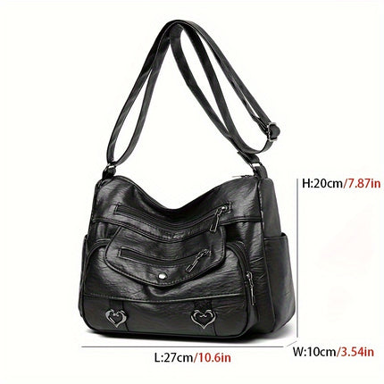 Retro Multi Pockets Crossbody Bag, Soft Faux Leather Shoulder Bag, Heart Decor Purse For Women
