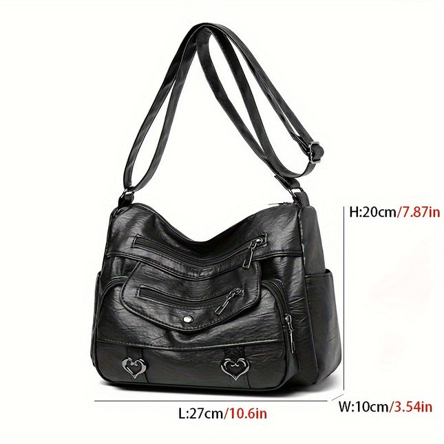 Retro Multi Pockets Crossbody Bag, Soft Faux Leather Shoulder Bag, Heart Decor Purse For Women
