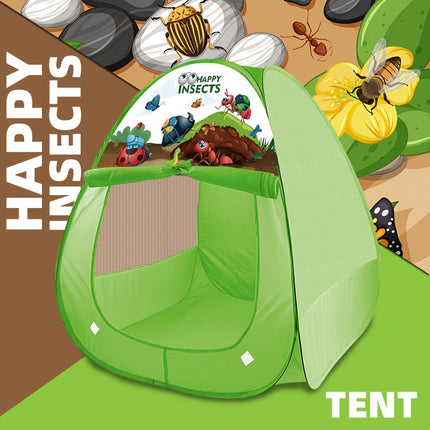 A Geometric Puzzle Tent Shaped Like a Triangle, Featuring a Design with Green Grass And Insects. It Is Washable, Foldable, And Made with a Steel Frame And Polyester Fabric, Suitable for Both Boys And Girls.