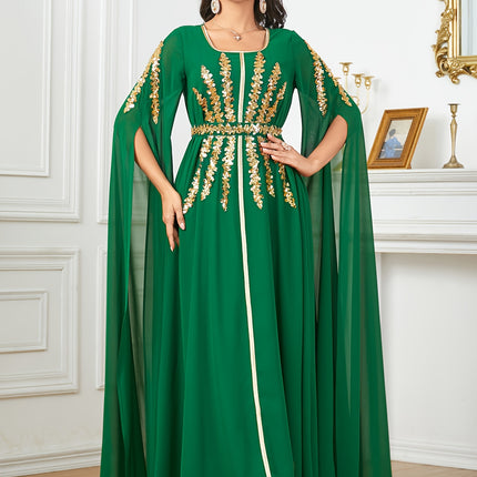 Middle Eastern Fashion Solid Color Sequin Embroidered Waist-Cinching Long Split Sleeve Gown Dress