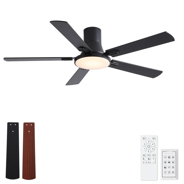 52 inch Flush Mount Ceiling Fans with LED Light 24W and Remote Control 5 Plywood Fan Blades for Bedroom and Living Room