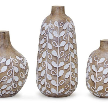 Set of three 9" Polyresin Brown and White Leaf Round Table Vase