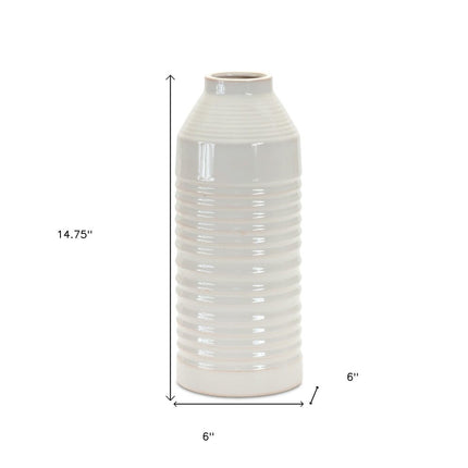 15" White Ribbed Cylinder Terracotta Table Vase