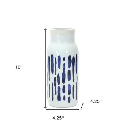 Set of Two Blue and White Abstract Cylinder Ceramic Table Vase