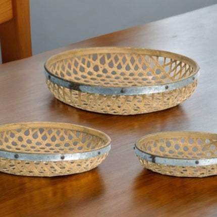 Set Of Three Brown Round Solid Wood Serving Tray