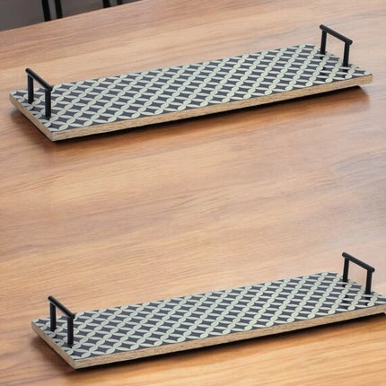 Set of Two Blue Solid Wood Geometric Serving Tray With Handles